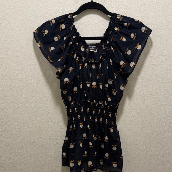 Marimekko X Anthropologie Navy Blue Apple Print Blouse Size: 6 - Picture 2 of 7